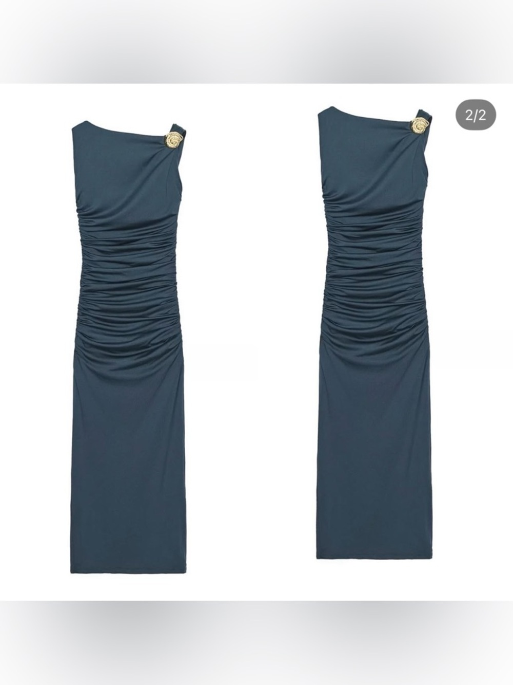 ZARA Ruched Dress Open Back Teal Large Gold Seashell Hardware Detail - Picture 7 of 7